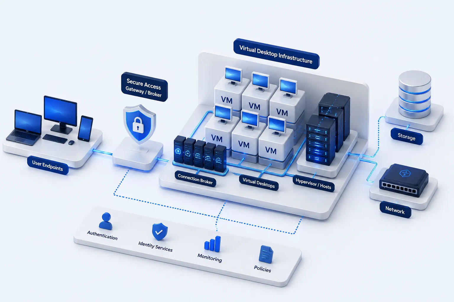 معماری VDI شامل کاربران، Connection Broker، ماشین‌های مجازی، سرورها، Storage و شبکه