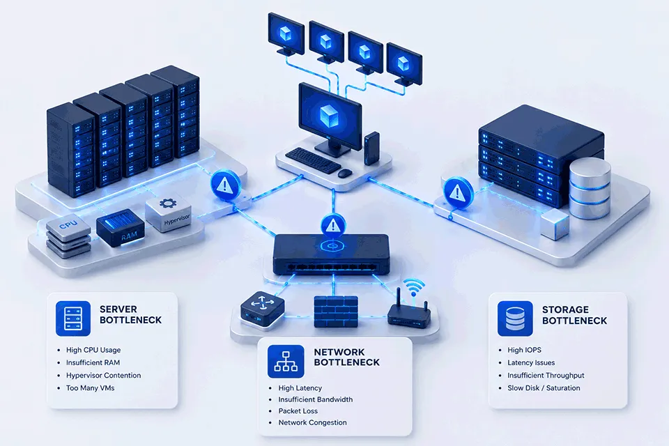 مسیر عیب‌یابی کندی VDI؛ بررسی گلوگاه در لایه‌های سرور، شبکه و Storage